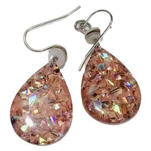 Vintage Pink Sparkle Shell Tear Drop Silver Tone Pierced Women’s Earrings